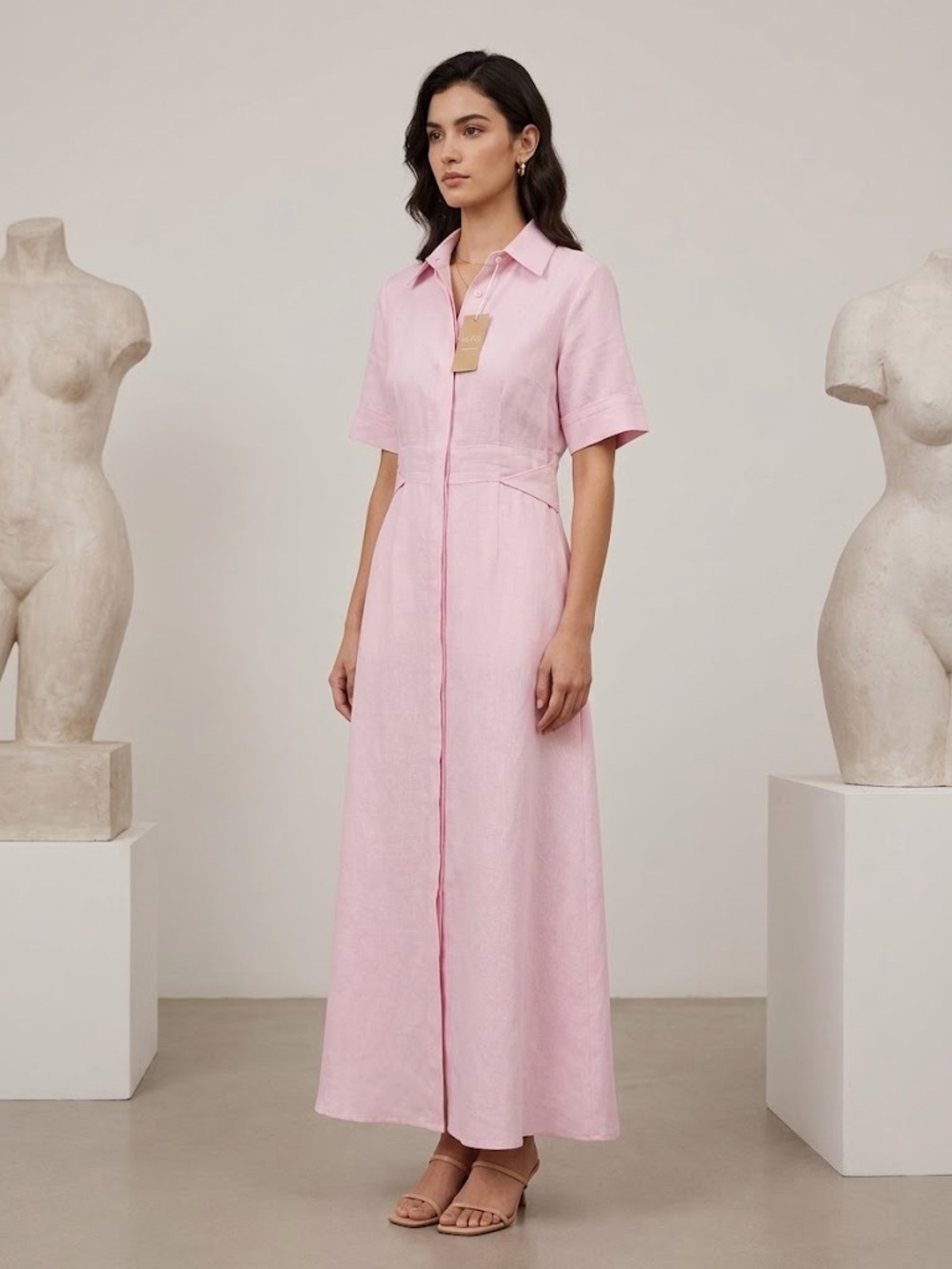 Short-sleeved, collared midi -length shirt dress with a defined waistline NWT S